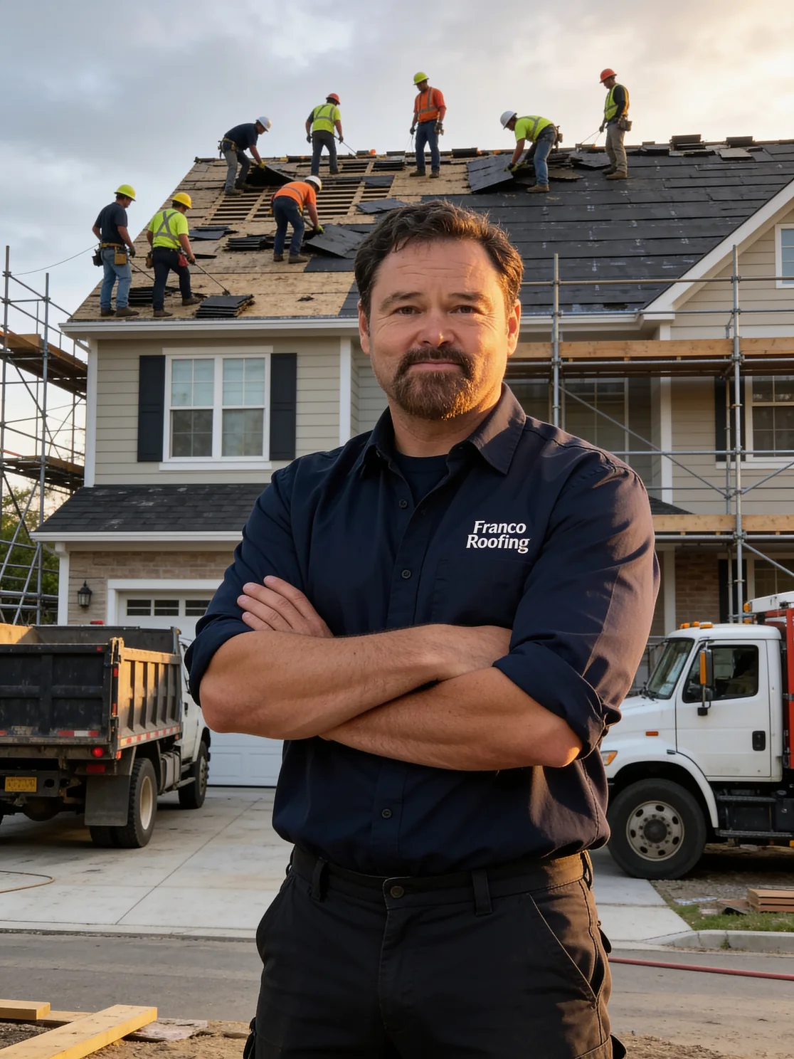 A Franco Roofing lead in a company shirt standing in front of a two story Bay Area home while the crew strips and re-decks the roof behind him