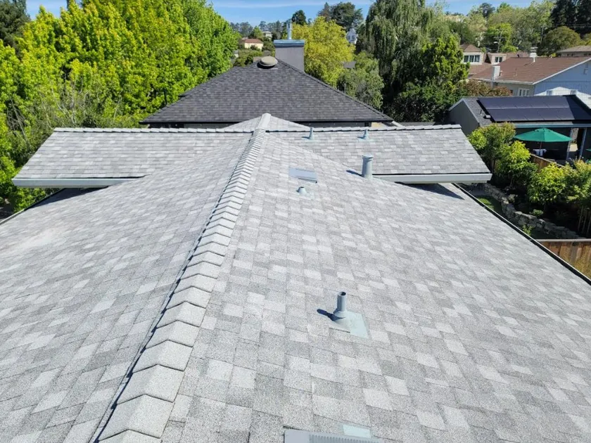 Completed architectural shingle roof seen from above