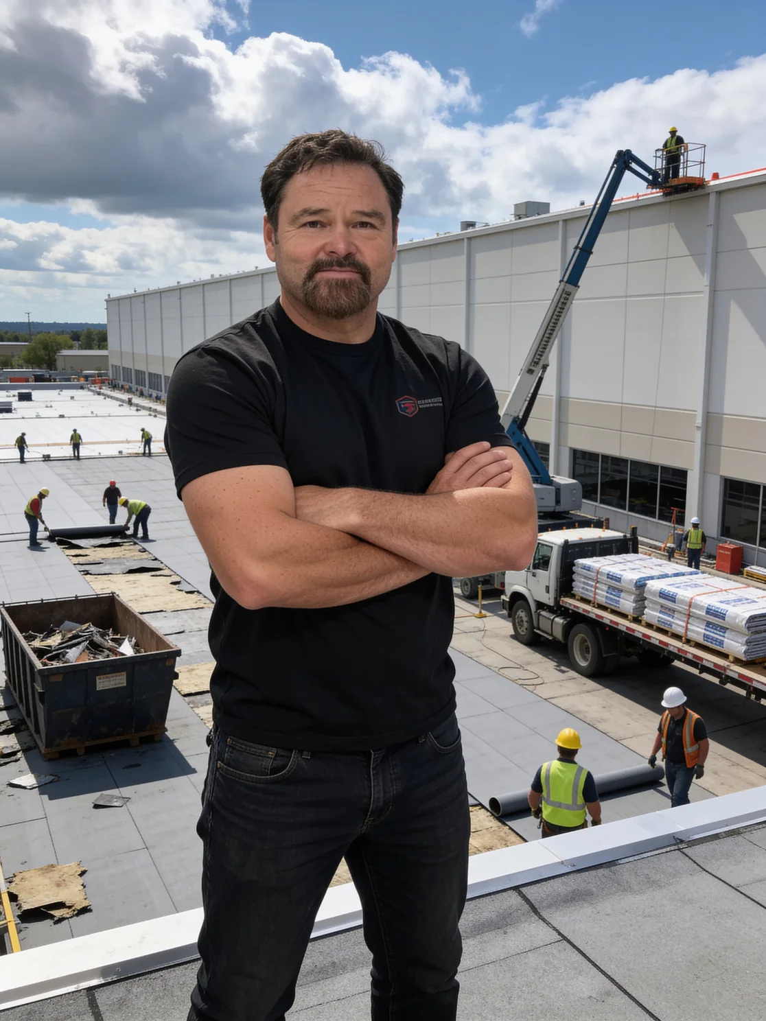 Jorge, owner and operator of Franco Roofing, standing on a flat roof while his crew lays new membrane behind him